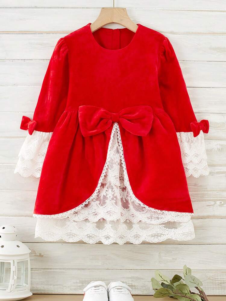 Young Girl Contrast Lace Bow Front Dress