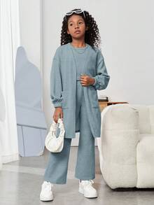 SHEIN Tween Girl Solid Drop Shoulder Coat & Tank Top & Pants - Baby Blue - View 4