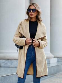 SHEIN Clasi Abrigo teddy de cuello cascada unido en contraste - Albaricoque - Ver 6