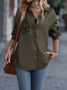 EMERY ROSE Leopard Print Drop Shoulder Pocket Patched Button Front Shirt - Army Green - View 1