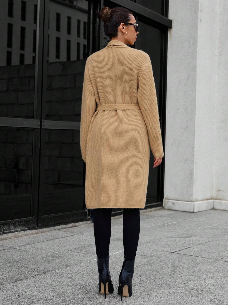 Waterfall Collar Drop Shoulder Belted Cardigan