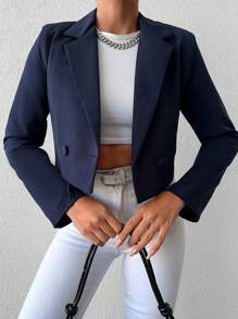 EURMUSE Solid Color Long Sleeve Two-Button Short Casual Suit Jacket - Navy Blue - View 5