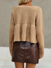 SHEIN Clasi Solid Peplum Hem Sweater Knit Pullover Fall Winter Outfit - Camel - View 2