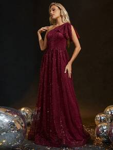 One Shoulder Knot Side Sequin Formal Dress - Burgundy - View 3