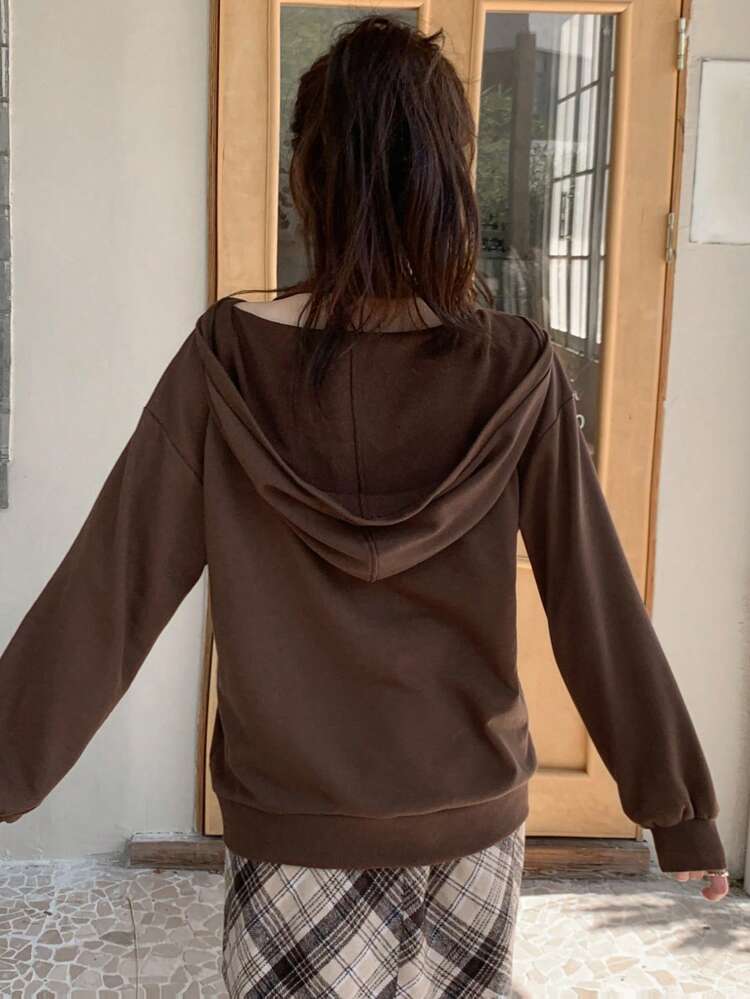 Letter Embroidery Drop Shoulder Hooded Sweatshirt,Fall Clothes