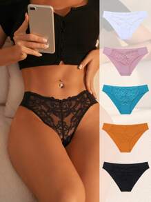 SHEIN 女性5件套蕾絲三角褲內衣套裝 - 彩色 - 查看 1