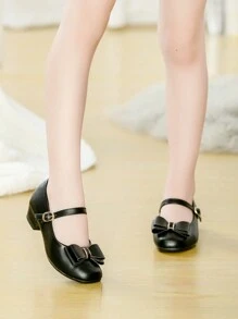 儿童花童婚礼派对礼服搭配优雅白色领结玛丽珍高跟鞋 - 黑色 - 查看 4