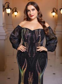 SHEIN Belle Plus Off Shoulder Lantern Sleeve Sequin Formal Dress - Black - View 6