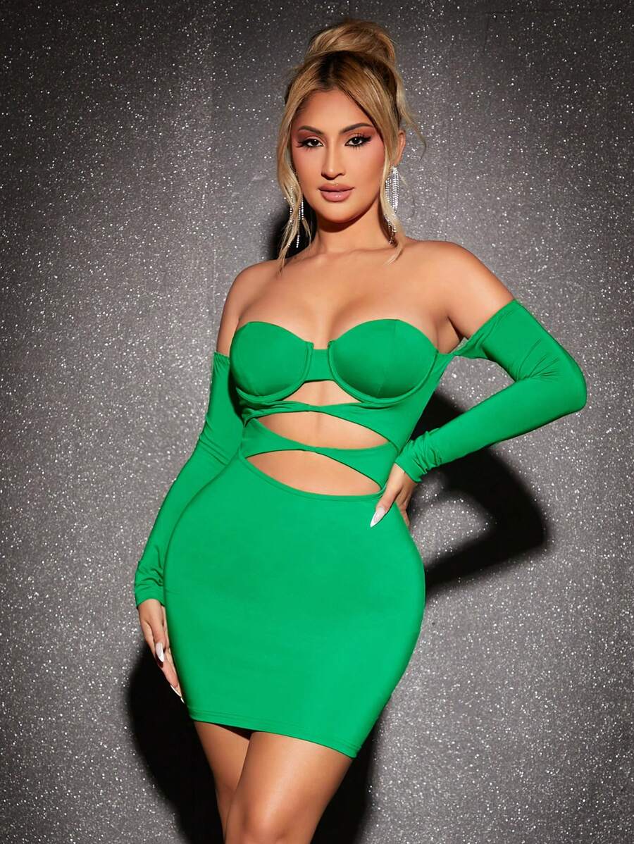 SHEIN SXY 一字肩前鏤空緊身洋裝 - 綠色 - 查看 1