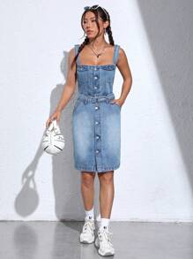 SHEIN EZwear Flap Detail Pocket Side Cami Denim Dress - Medium Wash - View 5
