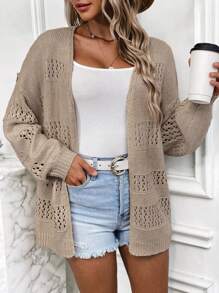 SHEIN Frenchy Pointelle Knit Drop Shoulder Cardigan - Apricot - View 1