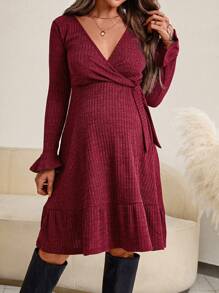 SHEIN Thai sản Tay áo loe Nút ven Xù Hoa Sen Váy quấn - Màu Đỏ Sâu - Xem 1