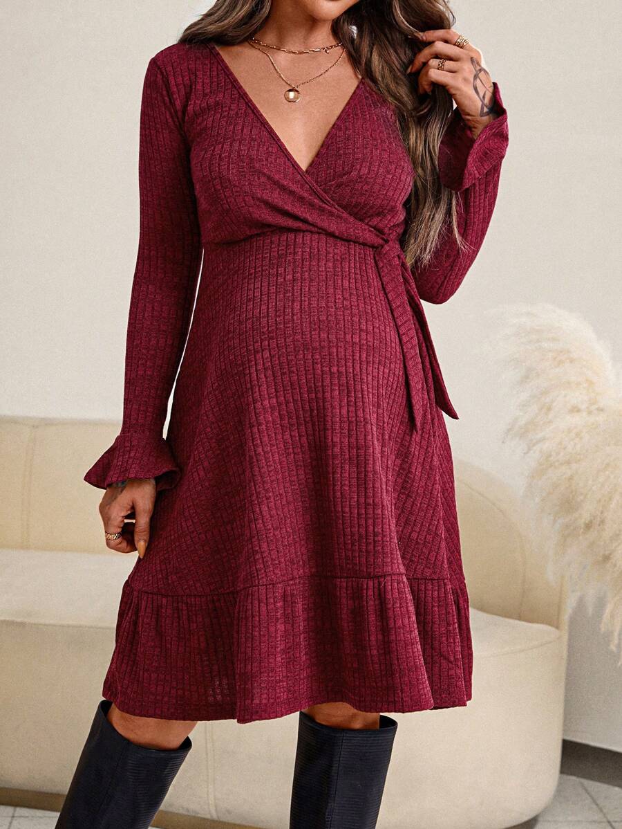 SHEIN Thai sản Tay áo loe Nút ven Xù Hoa Sen Váy quấn - Màu Đỏ Sâu - Xem 1