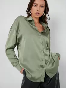 BizChic Single Breasted Solid Satin Blouse Workwear - Mint Green - View 3