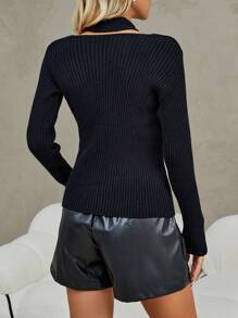Chiquease Solid Ribbed Knit Halter Neck Knit Pullover Fall Winter Sweater - Black - View 2