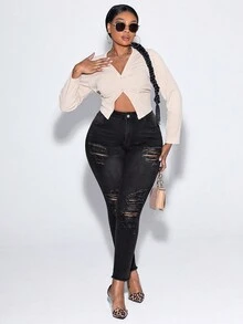 SHEIN SXY Hơn Cao eo Rách Cắt Thô Quần jean ôm - màu đen - Xem 6