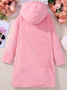 SHEIN 女大童素色連帽絨毛連帽洋裝 - 粉色 - 查看 2