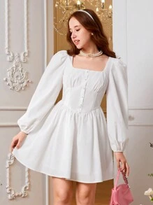 青少年女孩方領前紐扣燈籠袖洋裝 - 白色 - 查看 1