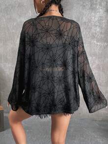SHEIN EZwear 蜘蛛網印花落肩袖網紗上衣不附胸罩 - 黑色 - 查看 2