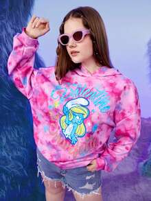 SHEIN X The Smurfs Áo nỉ rộng tay, nhuộm tie-dye, in hình hoạt hình. - Nhiều màu - Xem 3