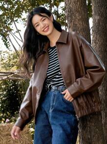 DAZY Zip Up Drop Shoulder PU Leather Jacket,Fall Women Clothes - Coffee Brown - View 3