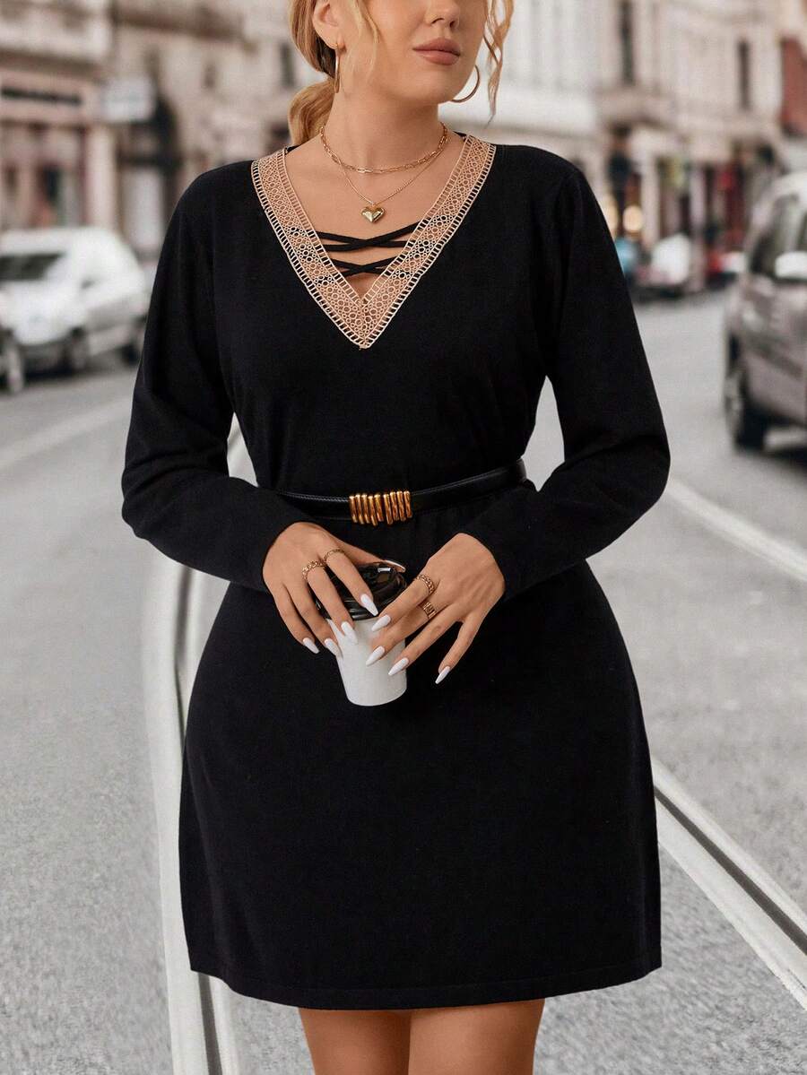SHEIN LUNE Plus Contrast Trim Crisscross Front Sweater Dress - Black - View 1