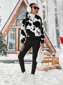 女大童奶牛圖案半拉鏈毛茸茸運動衫 - 黑與白 - 查看 5