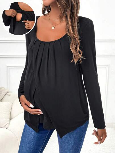 SHEIN Maternity Solid Fold Pleated Nursing Detail Tee