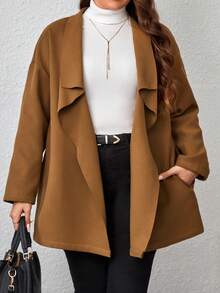 SHEIN LUNE Hơn Cổ áo thác nước Thả vai Mở Mặt trước Áo khoác - màu nâu - Xem 4