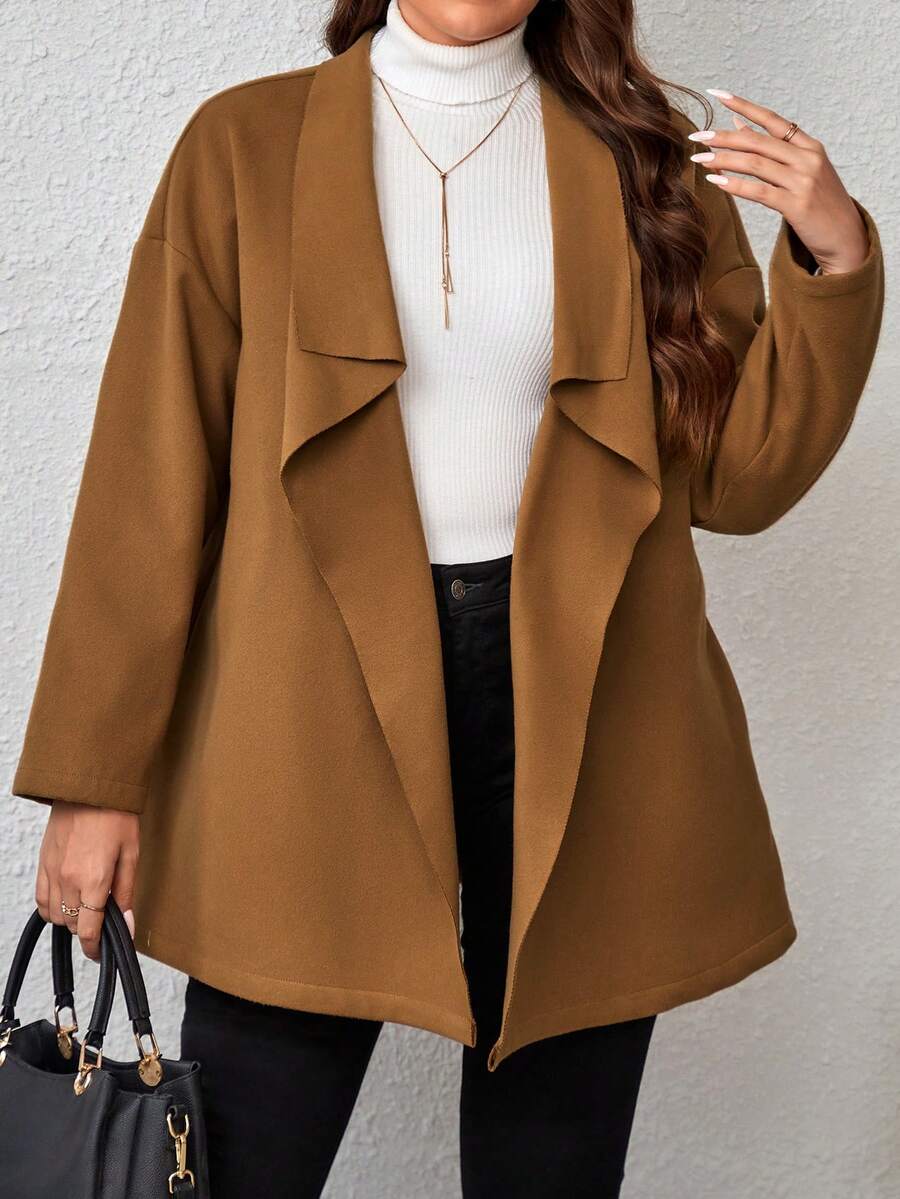 SHEIN LUNE Hơn Cổ áo thác nước Thả vai Mở Mặt trước Áo khoác - màu nâu - Xem 1