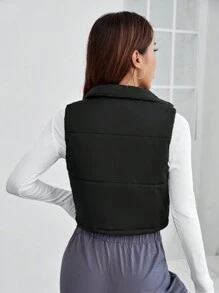 SHEIN PETITE Zip Up Crop Vest Padded Coat In Fall/Winter - Black - View 2