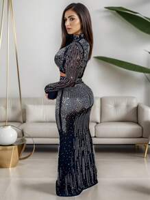 2pcs/Set Women Rhinestone Mesh Sheer Long Sleeve Mock Neck Cropped Top And Midi Skirt - Black - View 3