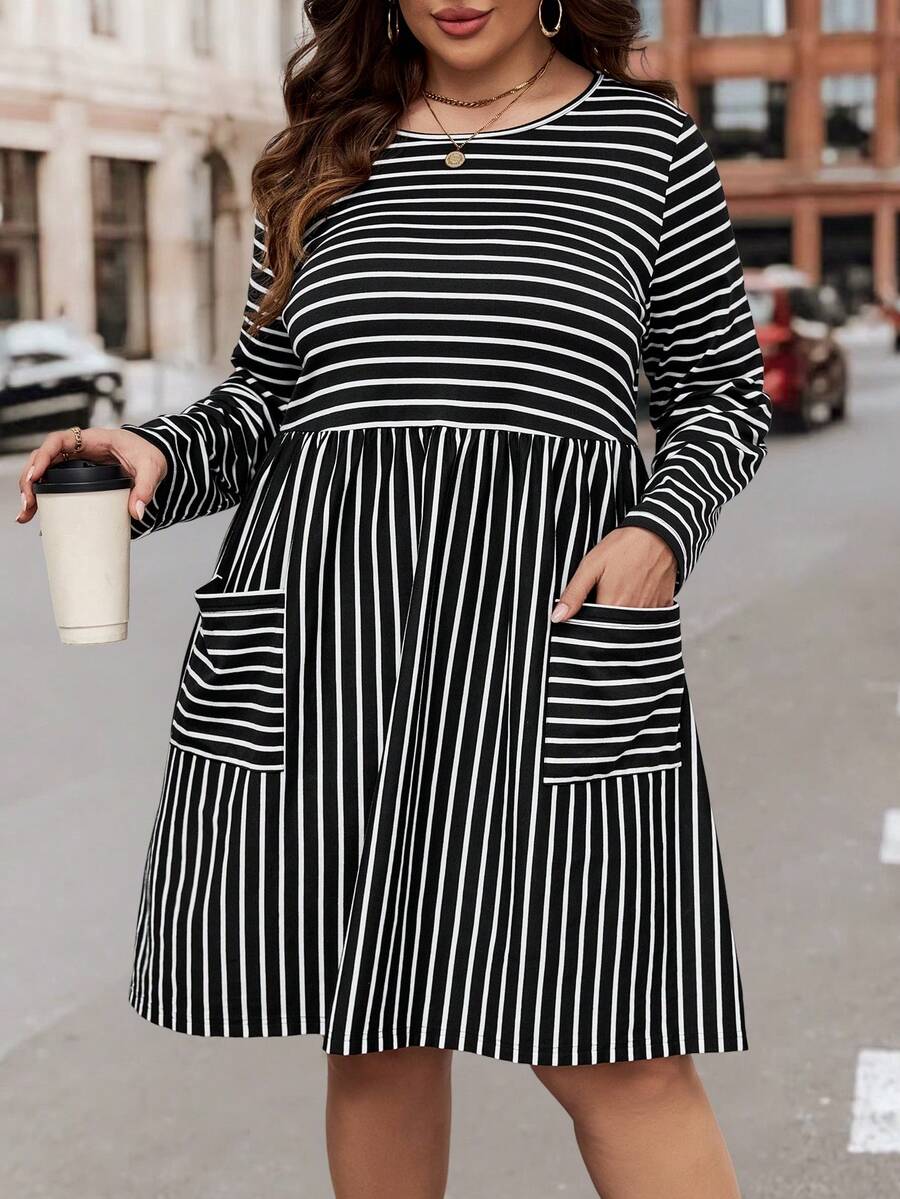 SHEIN LUNE Plus Striped Print Pocket Patched Dress - Black and White - View 1
