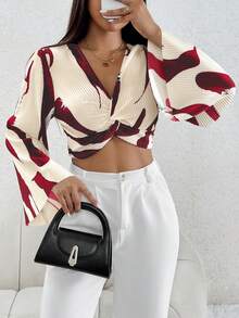 SHEIN PETITE 圖案印花前扭結短款襯衫 - 紅白色 - 查看 3