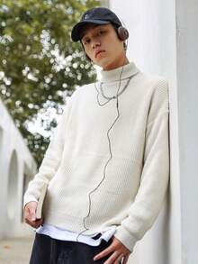 Manfinity Hypemode Loose Men's Turtleneck Drop Shoulder Sweater - Beige - View 3