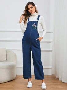 SHEIN 孕婦1入組花卉刺繡牛仔背帶褲 - 中等水洗藍 - 查看 4
