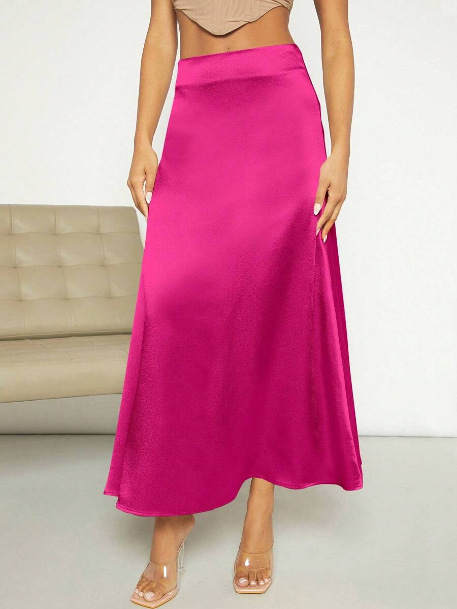 SHEIN Privé Solid Satin A-line Longline Satin Skirt - Hot Pink - View 1