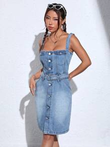 SHEIN EZwear Flap Detail Pocket Side Cami Denim Dress - Medium Wash - View 2