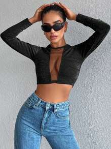 RueChic Lưới tương phản Áo phông Crop - màu đen - Xem 1