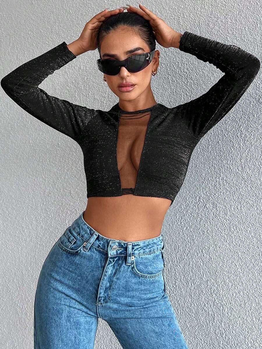 RueChic Lưới tương phản Áo phông Crop - màu đen - Xem 1