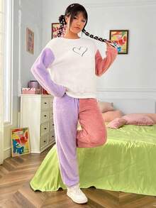 SHEIN EZwear Heart Embroidery Drop Shoulder Teddy Pullover & Pants - Multicolor - View 4