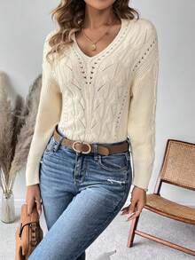 SHEIN Frenchy 麻花編織落肩袖套頭毛衣 - 杏色 - 查看 3