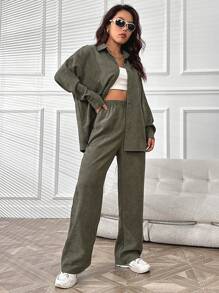 SHEIN Unity Solid Button Front Shirt & Flare Leg Pants - Army Green - View 4
