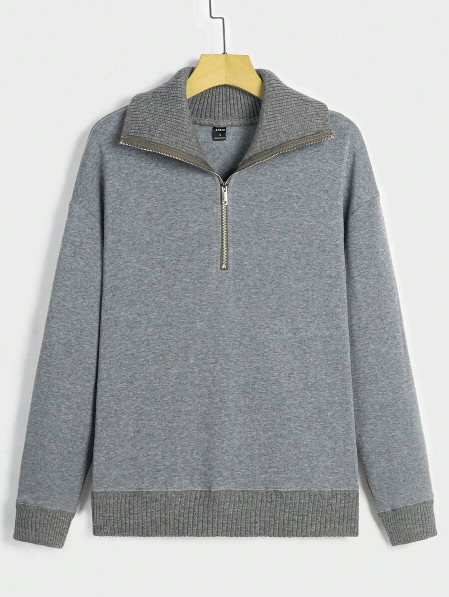Manfinity Homme Lockere Passform Herren Kontrastbesatz Half Zip Drop Schulter Sweatshirt - Dunkelgrau - Übersicht 1