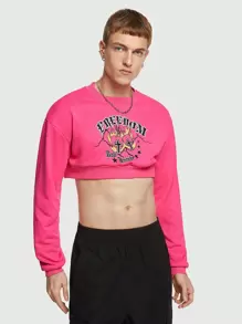ROMWE MEN ROMWE Avant Guys Letter Graphic Drop Shoulder Crop Sweatshirt - Pink - View 4