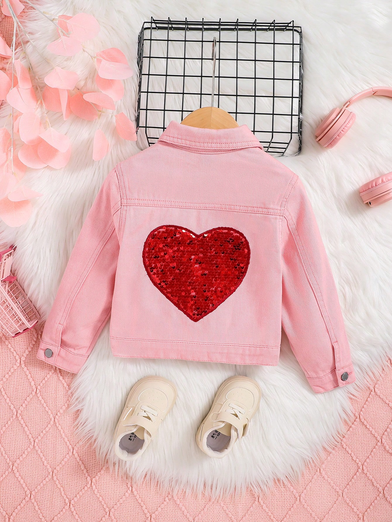 SHEIN Young Girl Heart Sequin Insert Flap Detail Denim Jacket for Sale
