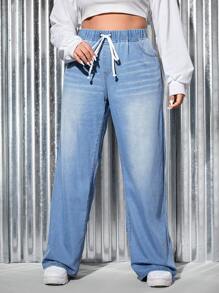 SHEIN Tall CURVE Plus Size Women Blue Loose Denim Wide-Leg Pants - Blue - View 3