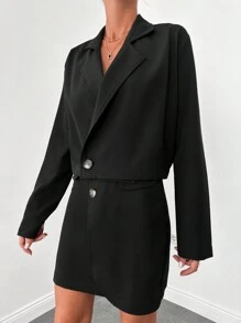 EURMUSE Solid Lapel Collar Single Button Blazer & Wrap Skirt - Black - View 4