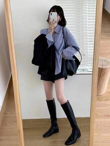 Blusa casual, suelta y sencilla con rayas para la Primavera/Verano 2025 - Azul - Ver 4