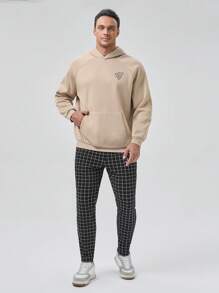 GENTILAND Men Plus Grid Print Drawstring Waist Pants - Black and White - View 3